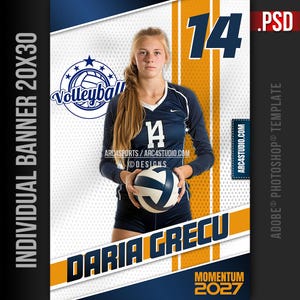 Puede incluir: Una jugadora de voleibol con una camiseta azul y blanca con el número 14 en la espalda. La jugadora está sosteniendo un balón de voleibol y está de pie frente a una pancarta amarilla y blanca con el texto "Daria Grecu" y "Momentum 2027".