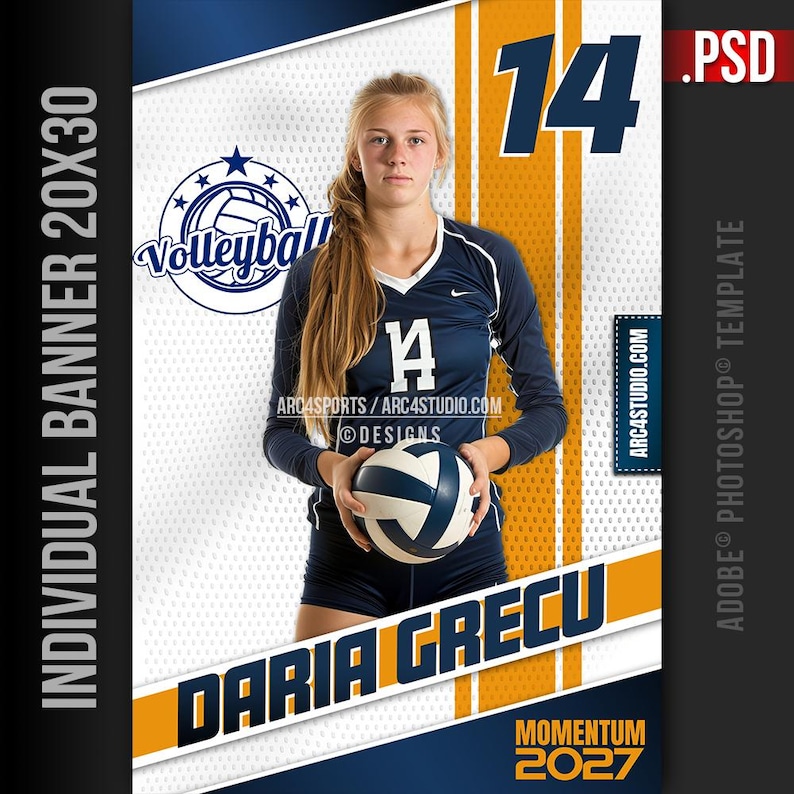 May include: A volleyball player in a blue and white jersey with the number 14 on the back. The player is holding a volleyball and is standing in front of a yellow and white banner with the text "Daria Grecu" and "Momentum 2027".