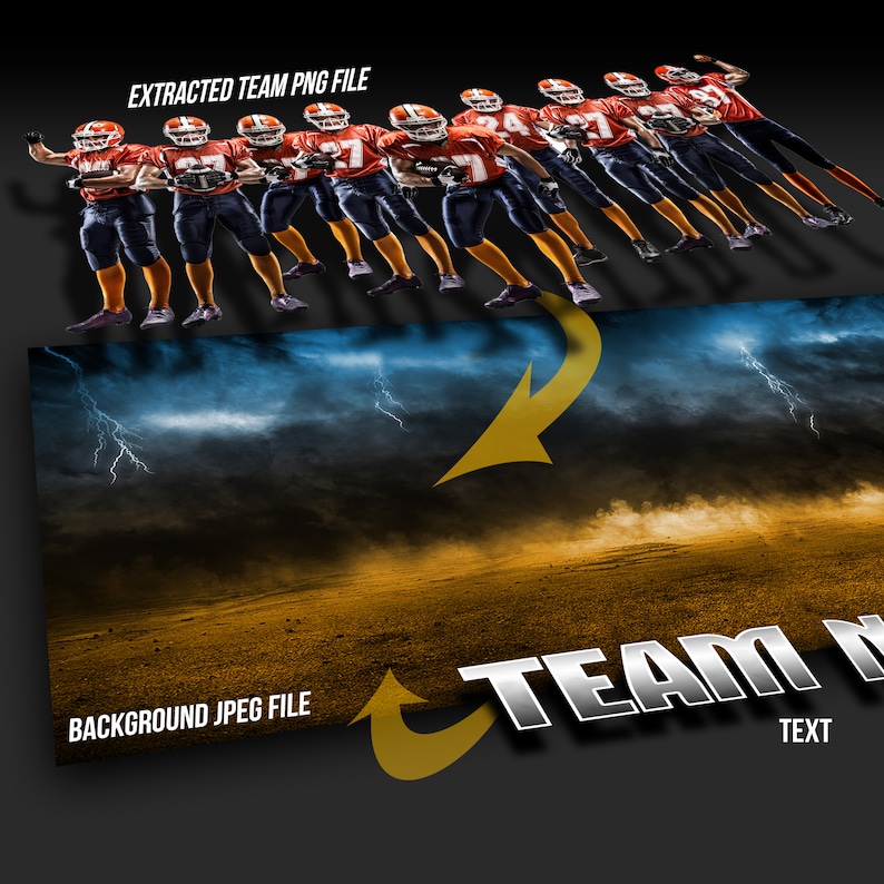 May include: A group of football players in orange and black uniforms are arranged in a line, with a stormy sky and a dirt field in the background. The text "TEAM" is visible in the foreground.