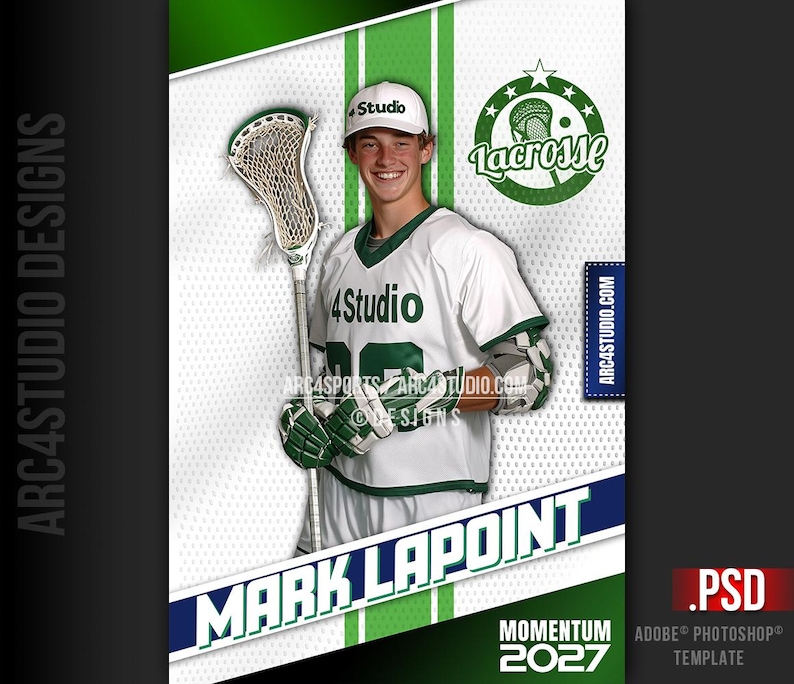 May include: A lacrosse player in a white and green jersey with the text "4Studio" on the front. The player is holding a lacrosse stick and is looking at the camera. The background is a green and white lacrosse field with the text "Lacrosse" and "Momentum 2027" in a circle. The player's name is "Mark Lapoint" in blue text.