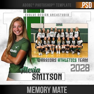 May include: A volleyball team photo with the text "WARRIORS ATHLETICS TEAM 2028" and a player's name "Alexia SMITSON" below. The team is wearing green and white uniforms and is standing in front of a volleyball net.