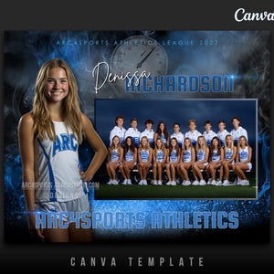 May include: A Canva template for Arc4Sports Athletics League 2027. The design features a portrait of a young woman in a white and blue athletic uniform, with the name "Denissa Richardson" in cursive. A team photo is also included, with the text "Arc4Sports Athletics".