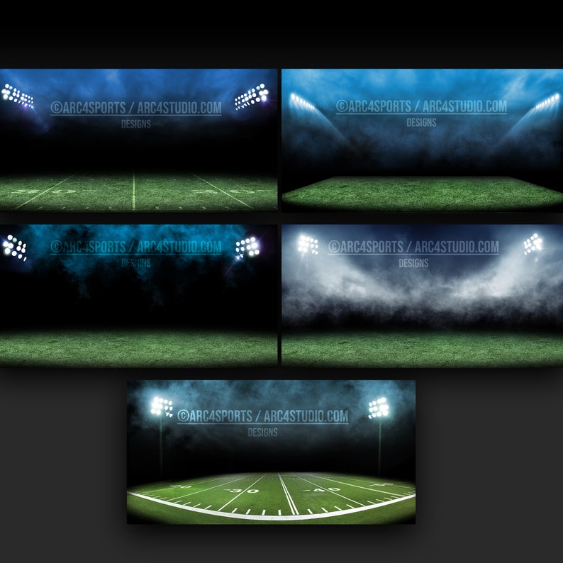 May include: Five different digital backgrounds featuring a green football field with white yard lines and white hash marks. The backgrounds are lit by stadium lights and have a smoky effect. The text "ARC4SPORTS/ARC4STUDIO.COM DESIGNS" appears in the top center of each background.