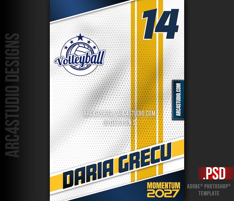 May include: A white volleyball jersey with yellow and blue accents. The jersey has a volleyball logo with a star and the text "Volleyball". The number "14" is on the right side of the jersey. The name "DARIA GRECU" is printed in yellow on the front of the jersey. The text "MOMENTUM 2027" is printed in white on a blue background at the bottom of the jersey. The text ".PSD ADOBE PHOTOSHOP TEMPLATE" is printed in white on a black background at the bottom right corner of the jersey.