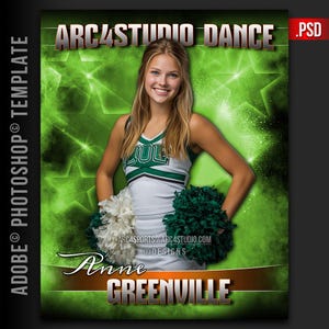 Puede incluir: Una animadora con uniforme blanco y verde y pompones a juego. El fondo es verde vibrante con formas de estrella y el texto "ARC4STUDIO DANCE". El nombre "Anne Greenville" se muestra en la parte inferior.