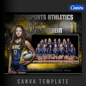 May include: A Canva template for ARC4SPORTS Athletics. The design features a volleyball player in a blue and gold uniform holding a volleyball, with the text "Marla SOVEREIN" and "11". A team photo is also included.
