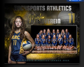 Puede incluir: Plantilla de Canva para ARC4SPORTS Athletics. El diseño presenta a una jugadora de voleibol con uniforme azul y dorado sosteniendo un balón, con el texto "Marla SOVEREIN" y "11". También se incluye una foto del equipo.