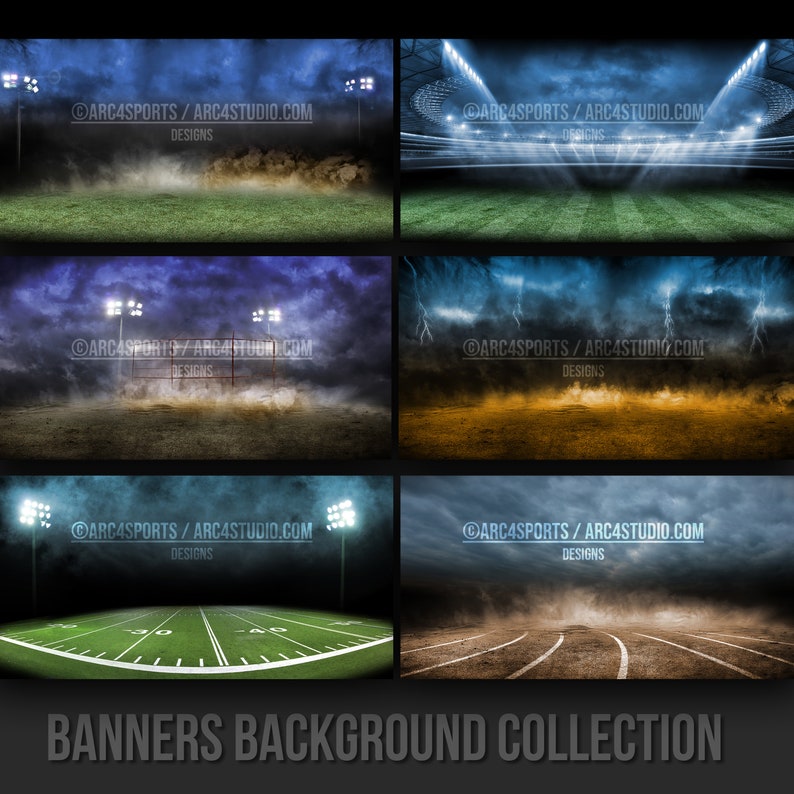 May include: A collection of six different sports stadium backgrounds. The backgrounds include a football field, a running track, and a baseball field. Each background has a different lighting and weather effect. The backgrounds are perfect for use in sports banners, posters, and other marketing materials.