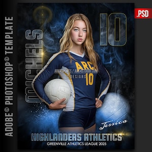 May include: A volleyball team photo template featuring a young woman in a navy blue and white volleyball uniform holding a volleyball. The image includes the text "MICHELS", "HIGHLANDERS ATHLETICS", and "Jessica". The background has a blue smoky effect.