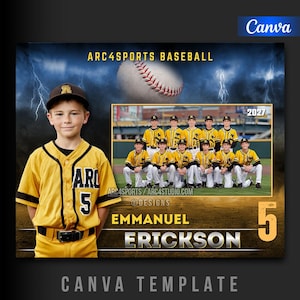 Puede incluir: Plantilla de foto de equipo de béisbol con un niño en uniforme de béisbol amarillo. La imagen incluye una pelota de béisbol, relámpagos y el texto "ARC4SPORTS BASEBALL". La plantilla también incluye el texto "EMMANUEL ERICKSON" y el número "5".