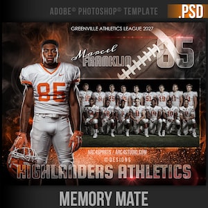 May include: A digital composite featuring a football player in a white and orange uniform, holding a helmet. The image includes the text "Highlanders Athletics" and "Memory Mate", along with the name "Marcel Franklin" and the number "85". A team photo is also included.