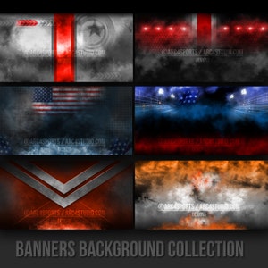 May include: A collection of six digital banner backgrounds featuring American flag imagery, smoke, and sports-themed elements. The backgrounds are in red, white, blue, and orange color schemes. The text "ARC4SPORTS/ARC4STUDIO.COM DESIGNS" appears on each background. The text "BANNERS BACKGROUND COLLECTION" appears at the bottom of the image.