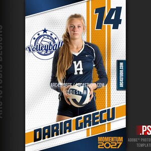 May include: A volleyball player in a blue and white uniform holds a volleyball. The player is wearing a blue jersey with the letter "A" on the front and the number "14" on the back. The player is also wearing white shorts. The player is standing on a blue and white background. The text "DARIA GRECU" is written in white letters on a yellow background. The text "MOMENTUM 2027" is written in white letters on a blue background.