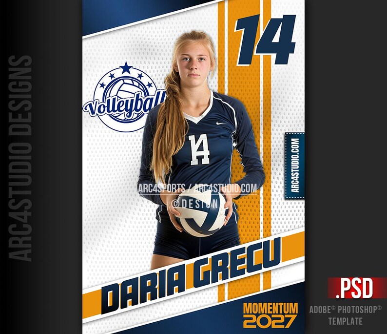 May include: A volleyball player in a blue and white uniform holds a volleyball. The player is wearing a blue jersey with the letter "A" on the front and the number "14" on the back. The player is also wearing white shorts. The player is standing on a blue and white background. The text "DARIA GRECU" is written in white letters on a yellow background. The text "MOMENTUM 2027" is written in white letters on a blue background.