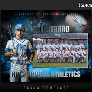 May include: Baseball team photo template with a young player holding a bat. The design features a baseball, team photo, and the text "ARC4SPORTS ATHLETICS LEAGUE 2025". The template is in shades of blue and white.