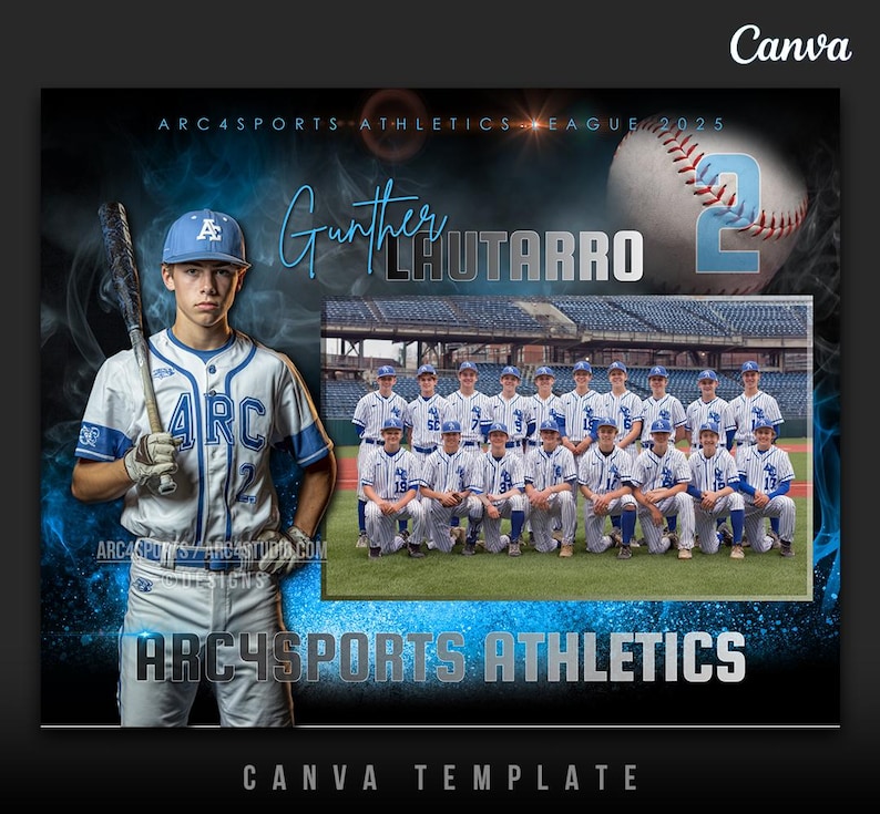 May include: Baseball team photo template with a young player holding a bat. The design features a baseball, team photo, and the text "ARC4SPORTS ATHLETICS LEAGUE 2025". The template is in shades of blue and white.