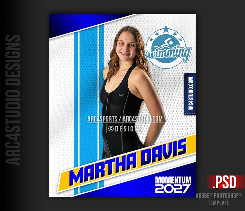 May include: A blue and yellow sports team graphic with a white background. The graphic features a swimmer in a black swimsuit, the text "Swimming", "Martha Davis", "Momentum 2027", and the text "ARC4STUDIO.COM".