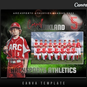 May include: A baseball-themed Canva template with a young baseball player in a red uniform with the number 5. The design includes a baseball, team photo, and the text "ARC4SPORTS ATHLETICS LEAGUE 2025". The text "ARC" is also visible.