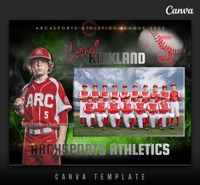 May include: A baseball-themed Canva template with a young baseball player in a red uniform with the number 5. The design includes a baseball, team photo, and the text "ARC4SPORTS ATHLETICS LEAGUE 2025". The text "ARC" is also visible.