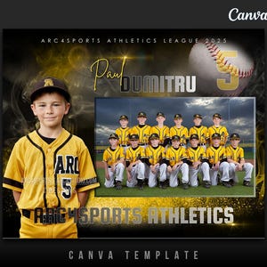 May include: A baseball team photo template featuring a young boy in a yellow baseball uniform with the number 5. The team is also wearing yellow uniforms. The text includes "ARC4SPORTS ATHLETICS LEAGUE 2025" and "Paul Dumitru".