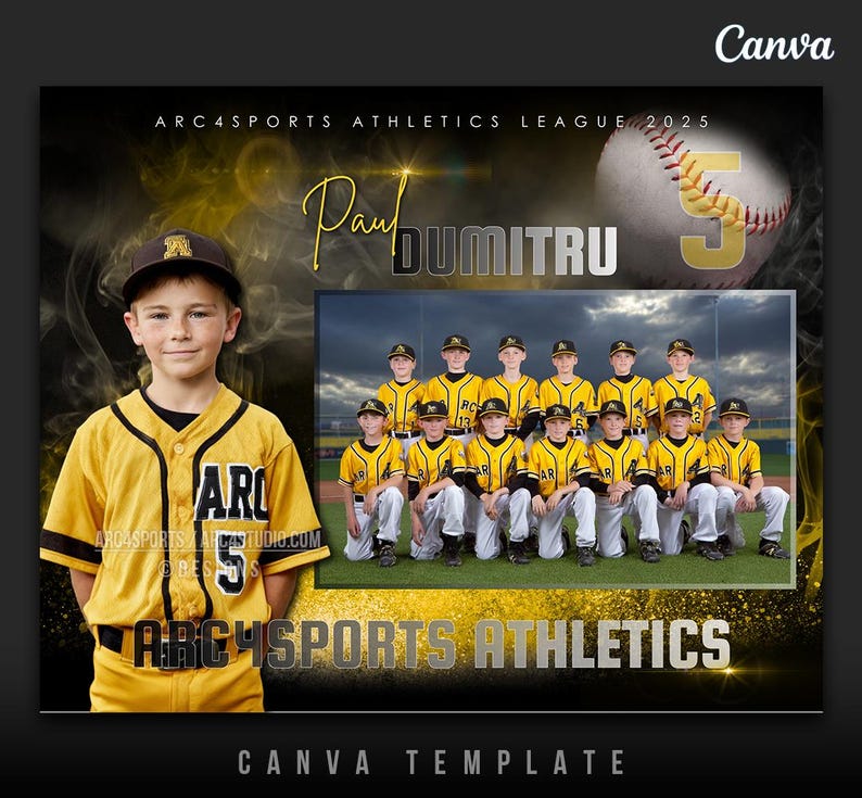 May include: A baseball team photo template featuring a young boy in a yellow baseball uniform with the number 5. The team is also wearing yellow uniforms. The text includes "ARC4SPORTS ATHLETICS LEAGUE 2025" and "Paul Dumitru".