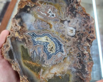 Kentucky moss agate with pink blue and white banding, cut and unpolished