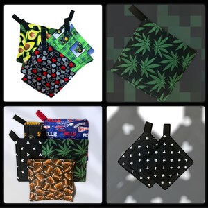 May include: Set of 10 colorful pot holders with various designs, including a green marijuana leaf, a red heart pattern, a football team logo, and a tractor. The pot holders are made of fabric and have a loop for hanging.
