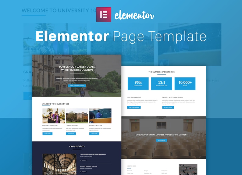 May include: A website template for a university, featuring a blue and white color scheme. The website includes images of a university campus, a classroom, and a library. The text on the website includes the words "Welcome to University 101", "Pursue Your Career Goals with Higher Education", and "The Numbers Speak for Us".