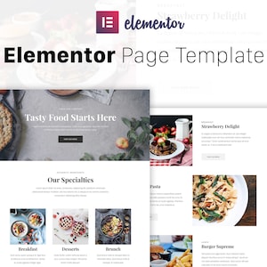 Pode incluir: Um modelo de site para um restaurante ou negócio de comida. O modelo apresenta um cabeçalho com o texto "Tasty Food Starts Here" e um botão de chamada para ação. O site também inclui uma seção que mostra as especialidades do restaurante, com imagens de café da manhã, sobremesas, brunch e hambúrguer supremo.