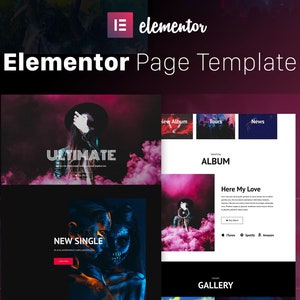 May include: A website template for a music artist or band. The template features a dark background with pink and purple smoke effects. The text "ULTIMATE" and "NEW SINGLE" are displayed on the page. The template also includes sections for a new album, tours, news, and a gallery.