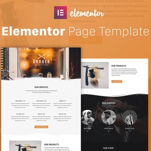 May include: A website template for a barber shop, featuring a black and white photo of a barber with a customer, a photo of a razor and shaving brush, and a section for listing services and products.