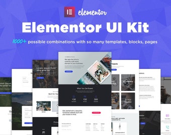 May include: A website design kit for Elementor, a WordPress website builder. The kit includes 1000+ possible combinations of templates, blocks, and pages. The image shows a variety of website designs, including a project page, an e-commerce page, and a content creation page.