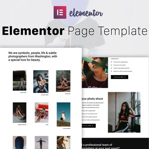 May include: A website page template for photographers, featuring a grid of images and text that says "We are symbolic, people, life & subtle photographers from Washington, with a special love for beauty." and "Your photo shoot".