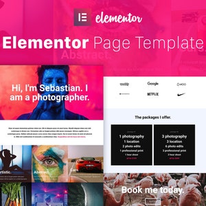May include: A website page template for a photographer named Sebastian. The page features a pink and white colour scheme with a photo of Sebastian in the header. The page also includes a section with pricing information for different photography packages. The text on the page reads "Hi, I'm Sebastian. I am a photographer." and "The packages I offer."