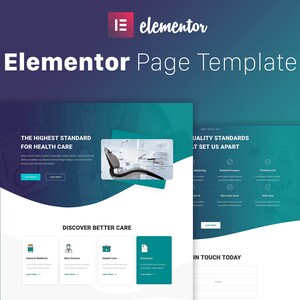 May include: A website template for a healthcare provider, featuring a green and blue colour scheme. The text "The Highest Standard for Health Care" is displayed on the page, along with a photo of a dental chair. The page also includes a section titled "Discover Better Care" with icons for natural medicine, best doctors, health care, and insurance.