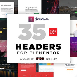 Może przedstawiać: Kolaż nagłówków stron internetowych dla Elementor, kreatora stron internetowych. Obraz przedstawia 35 nagłówków o wartości 199 $, teraz dostępnych za 29 $. Nagłówki są zaprojektowane dla różnych motywów stron internetowych, w tym podróży, muzyki i biznesu.