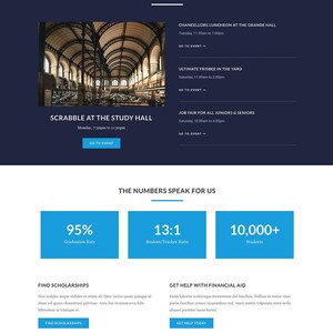 May include: A website for a university with a blue and white color scheme. The website features images of the campus, students, and faculty. The website also includes information about the university's programs, events, and resources.