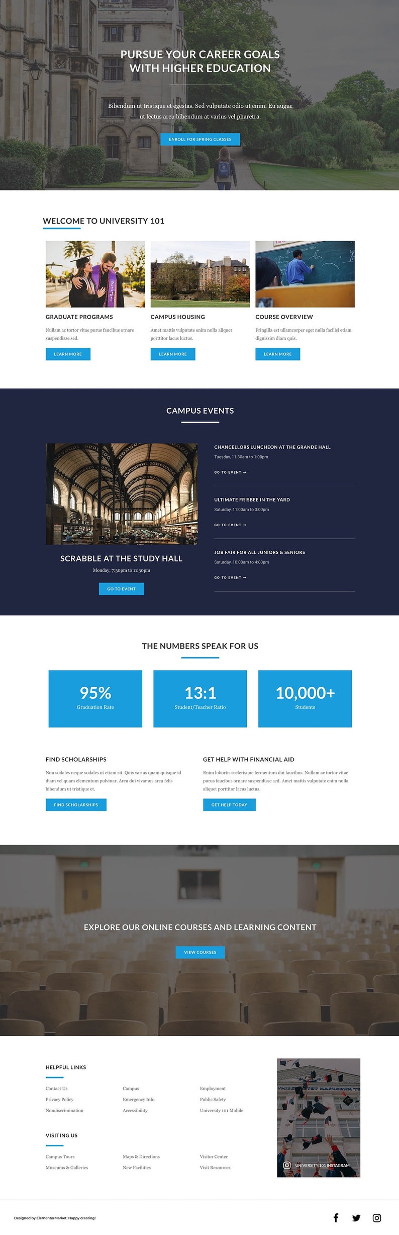 May include: A website for a university with a blue and white color scheme. The website features images of the campus, students, and faculty. The website also includes information about the university's programs, events, and resources.