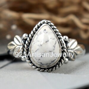 Sterling Silver Howlite Ring: Pear Gemstone Boho Ring