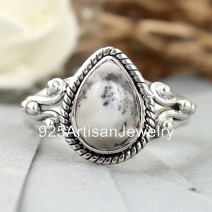 Pear Howlite Ring: Natural White Dendrite, Sterling Silver (7x10 mm)