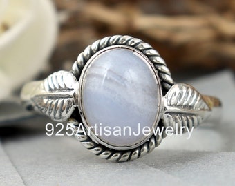 Natural Blue Lace Agate Ring, 925 Silver Rings, Oval Shape Blue Ring, Silver Leaf Ring, Women Rings, Gemstone Ring,  Anniversary Gift Sale