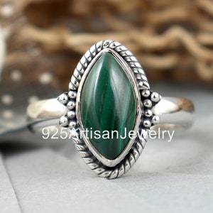 Sterling Silver Malachite Ring: Marquise Gemstone, Healing Jewelry