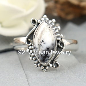 White Howlite Ring: Marquise Gemstone, 925 Sterling Silver, Boho Style