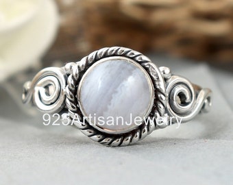 Natural Blue Lace Agate Ring, Polished Stone Ring, 925 Silver Rings, Round Blue Ring, Women Rings, Gemstone Ring, Anniversary Gift Jewelry