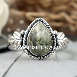 Pear Rainforest Jasper Ring: Handmade Sterling Silver Prong Setting