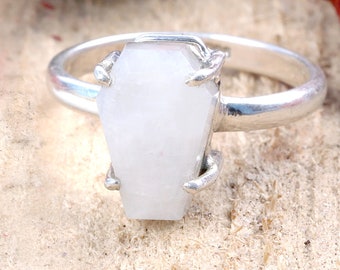 Natural Moonstone Ring, Coffin Moonstone Ring, 925 Sterling Silver Ring, Handmade Ring, Small Coffin Ring, Gemstone Coffin Ring,Unisex Ring