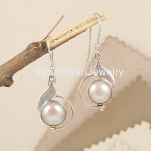 Natuurlijke verse pareloorbellen, witte schelp edelsteen 925 zilveren oorbellen, ambachtelijke sieraden, zoetwaterparel, feestoorbel