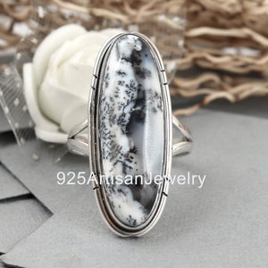 Anello ovale in argento sterling con howlite: anello con pietra preziosa boho (10 x 30 mm)