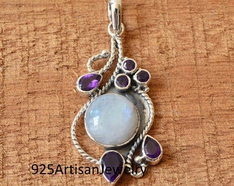 Rainbow Moonstone pendant, amethyst pendant, handmade pendant, pendant for necklace, gemstone pendant, christmas gift, gemstone Necklace