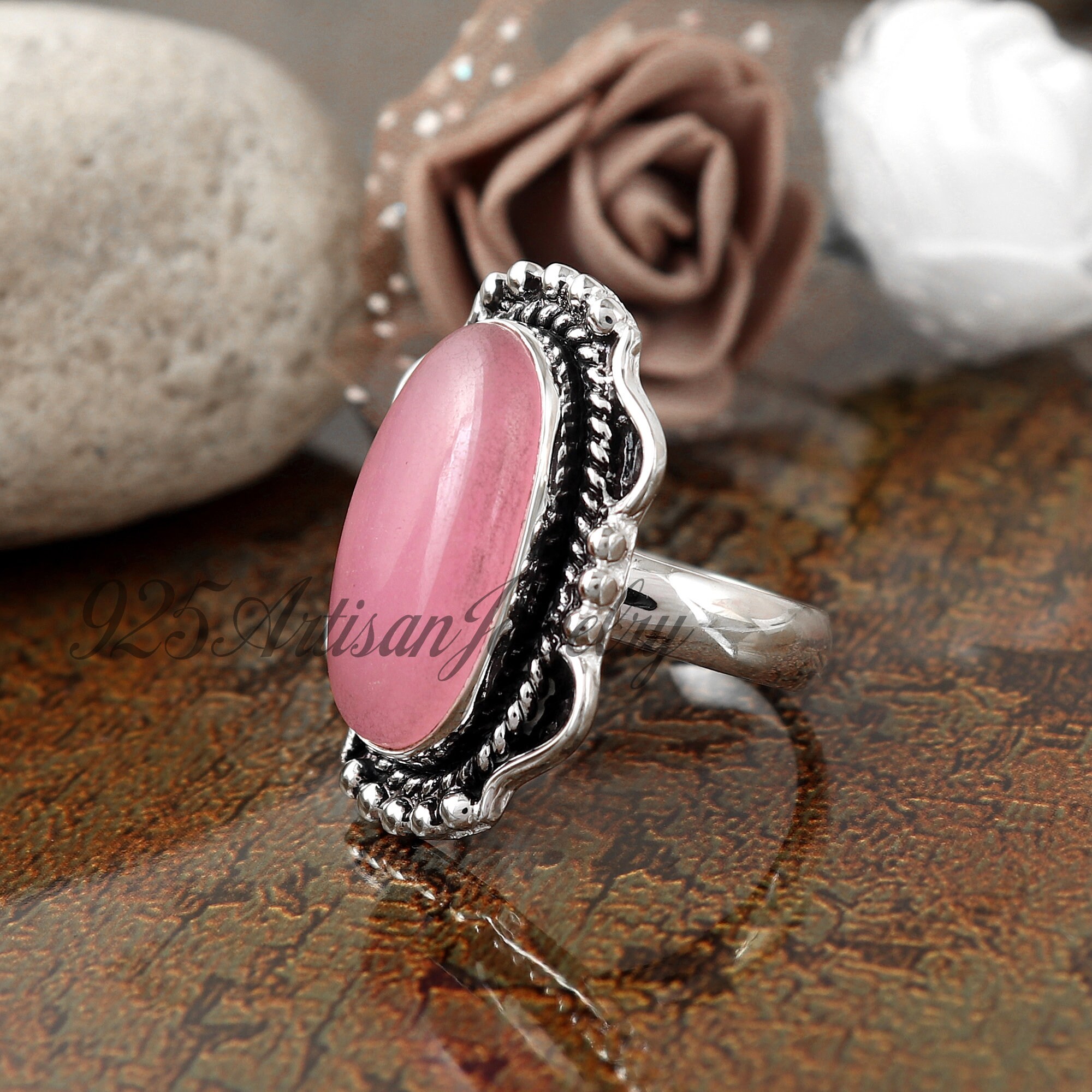 Handmade Pink Jade Ring: Oval Gemstone, 925 Sterling Silver - Etsy